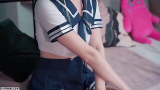 A cute school girl got a creampie and a facial after intense action