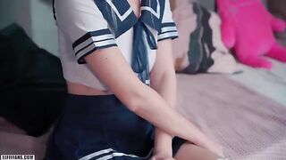 A cute school girl got a creampie and a facial after intense action