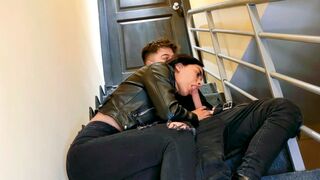 The couple has sex on the stairs of their apartment