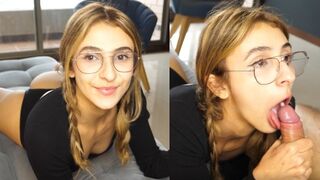 A cute 18-year-old girl receives a huge cock and throat pie