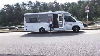 Public sex in wet look leggings on the A1 motorway - Sperma squirt
