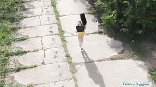 A pervert spies on a babe taking a piss with his drone and fucks her
