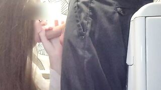 Girl wears glasses, cheats on her husband with a guy in the bathroom