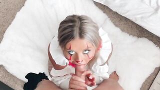 Babe fucked before the Halloween party, her mouth filled with cum