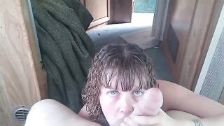Lavender Joy gets on her knees and deepthroats cumshots