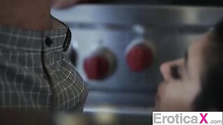The couple has sex right in the kitchen, a very passionate pair