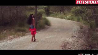 Petite brunette Alexa Tomas pisses in the street and sucks a cock