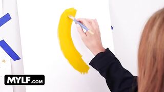 Artistic MILF with huge tits seduces and fucks her nude painting model