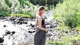 A teenage girl in stockings gets creampied outdoors by a stranger