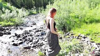 A teenage girl in stockings gets creampied outdoors by a stranger