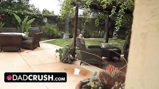 Fit and sexy girl lets her stepdad finger and fuck her outdoors by the pool