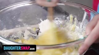 The girls are cooking for their stepdads and using a vibrator