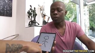 Dee Williams, landlord with big tits, gets two black cocks as rent