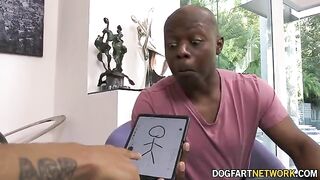 Dee Williams, landlord with big tits, gets two black cocks as rent