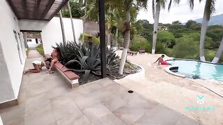 Girl has sex with her boyfriend and his stepsister in the swimming pool