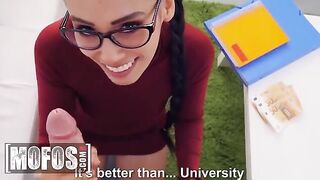 Nerdy dude studies chick’s tits and ass to pay for her lessons