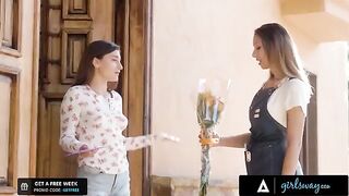 The owner of the flower shop wants to touch her client’s pussy