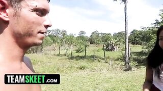 A gorgeous ebony babe with a big ass, Adrian Maya, gets fucked by a worker in the garden