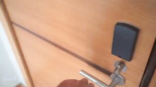 Skinny curly Evie gets her pussy full of cum while stuck under the couch