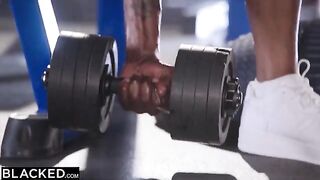 Brandi and Kenzie share two black cocks in an intense gym session