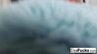 A small-breasted blonde, Elsa Jean, caresses her pussy in a sensual scene