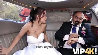 A hot bride gets her ass scored in the wedding limousine, allowing her husband to watch