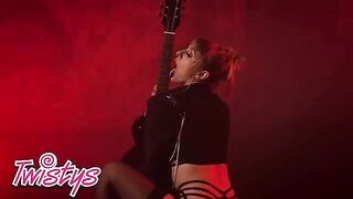 Blonde babe Angel Youngs in sexy red underwear poses like a badass