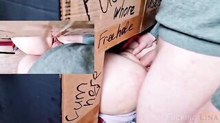 Babe fucked in the pussy through the glory hole three times