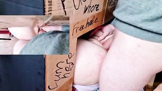 Babe fucked in the pussy through the glory hole three times