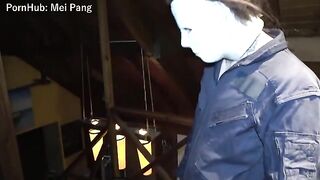 The girl is stuck in a Halloween costume and fucks with a guy