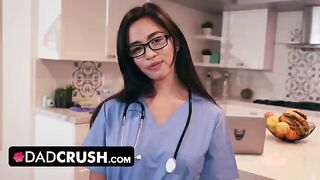A stepdaughter in a nurse uniform tests her stepfather's willpower