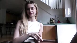 The tiny stepdaughter practices sex with her stepfather using her tongue