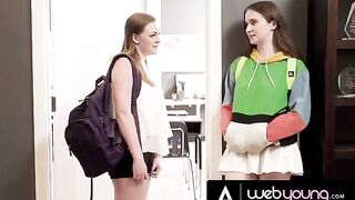 The horny 18-year-old girl Hazel Moore is eating her busty bestie’s pussy in the classroom