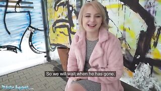 Short hair blonde teen gets picked up by Public Agent at bus stop