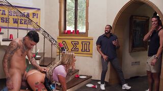 Hot busty housekeeper gets fucked hard by a group of college frat boys in a wild scene