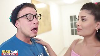 Hot Indian British model licks the cum on dork's glasses after he cums on his face