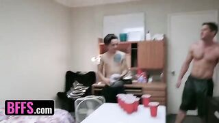 Two roommates' cocks shared by hot college girls in wild orgy