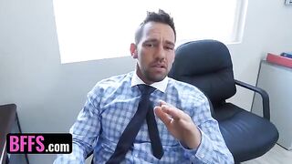 Sami Parker, Sarah Banks, and Danni Rivers fuck their boss's step-son in an office orgy