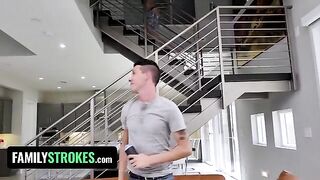 Two step brothers shared their sister's big natural boobs and cock sucking experience