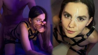 Hot brunette in harness, sucking and jumping on my dick, cum on her face