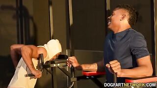 Kay Carter gets fucked by two black guys at the gym