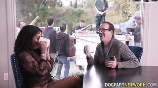 Ebony babe Paris The Muse gets her mouth full with BBCs in a hot bukkake scene