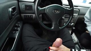 A blonde babe met her fan and gave him a blowjob in the car