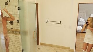 Athena Faris sneaks into the shower with her stepdad in a spy family scene
