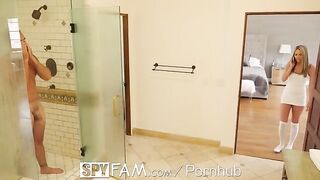 Athena Faris sneaks into the shower with her stepdad in a spy family scene