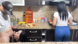 The hot stepdaughter has to cook for her stepfather because she owes him