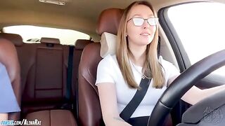 A young guy is having fun with his stepmom in the car after driving lessons
