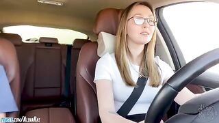 A young guy is having fun with his stepmom in the car after driving lessons