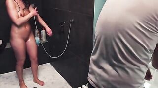A hot brunette gets her dick wet and then jerks it off