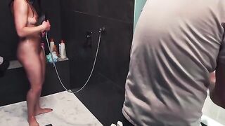 A hot brunette gets her dick wet and then jerks it off